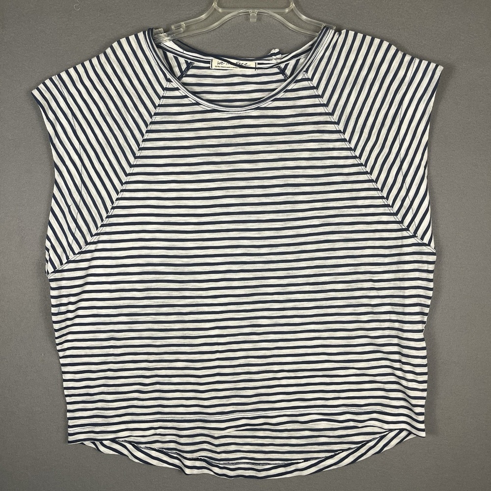 Free People We the Free Short Sleeve Oversized White Blue‎ Shirt Women's Size XS